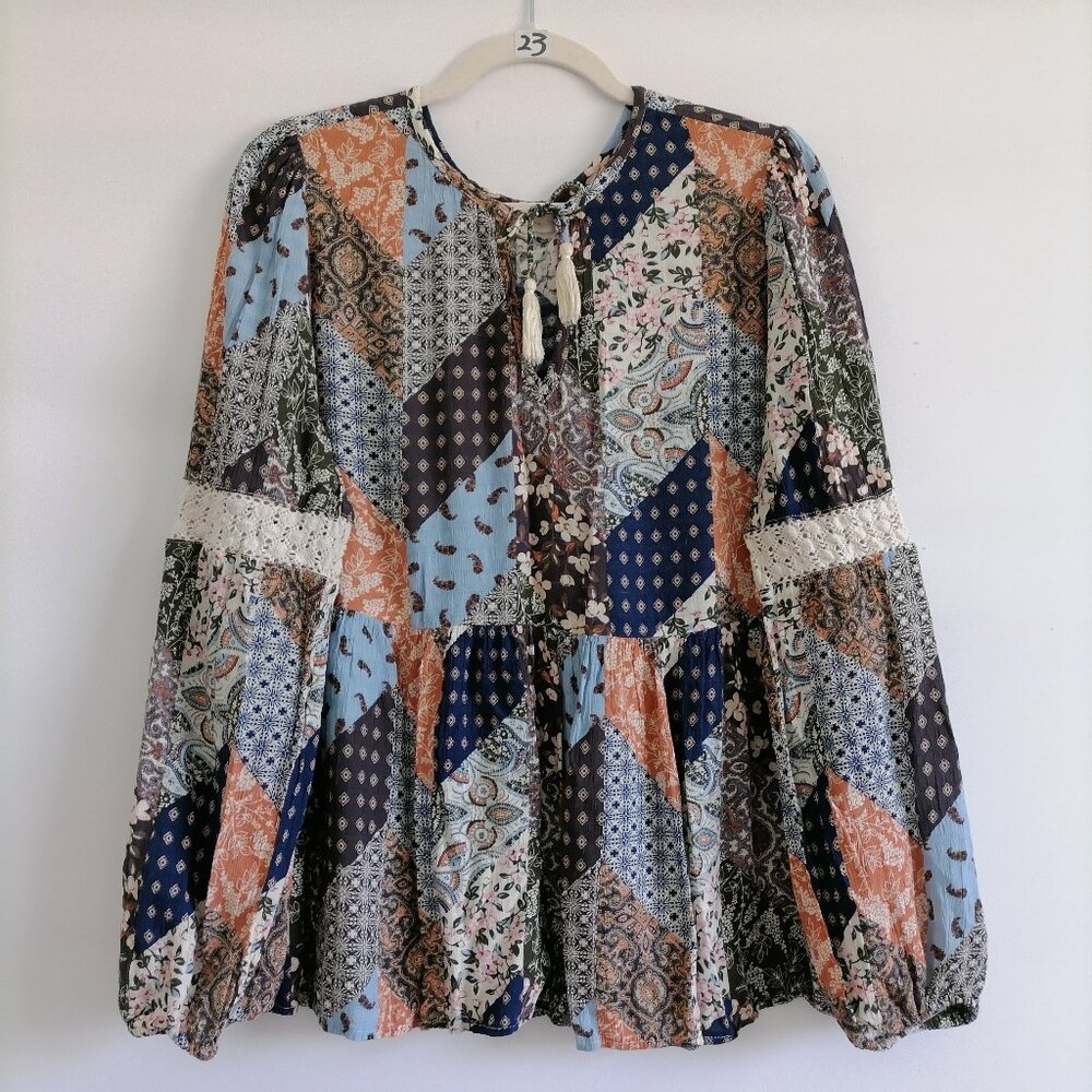 Cleo + Wolf Womens Multicolor Tasseled Patchwork Boho Peasant Blouse Top Size L